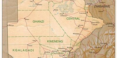 Botsvana haritası kasaba ve köylerde gösteriliyor 